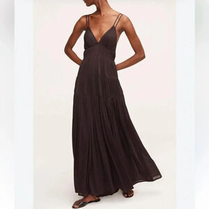 NWT Rebecca Taylor Chocolate Brown Ruched Mesh V Neck Tie Back Maxi Dress Size 0